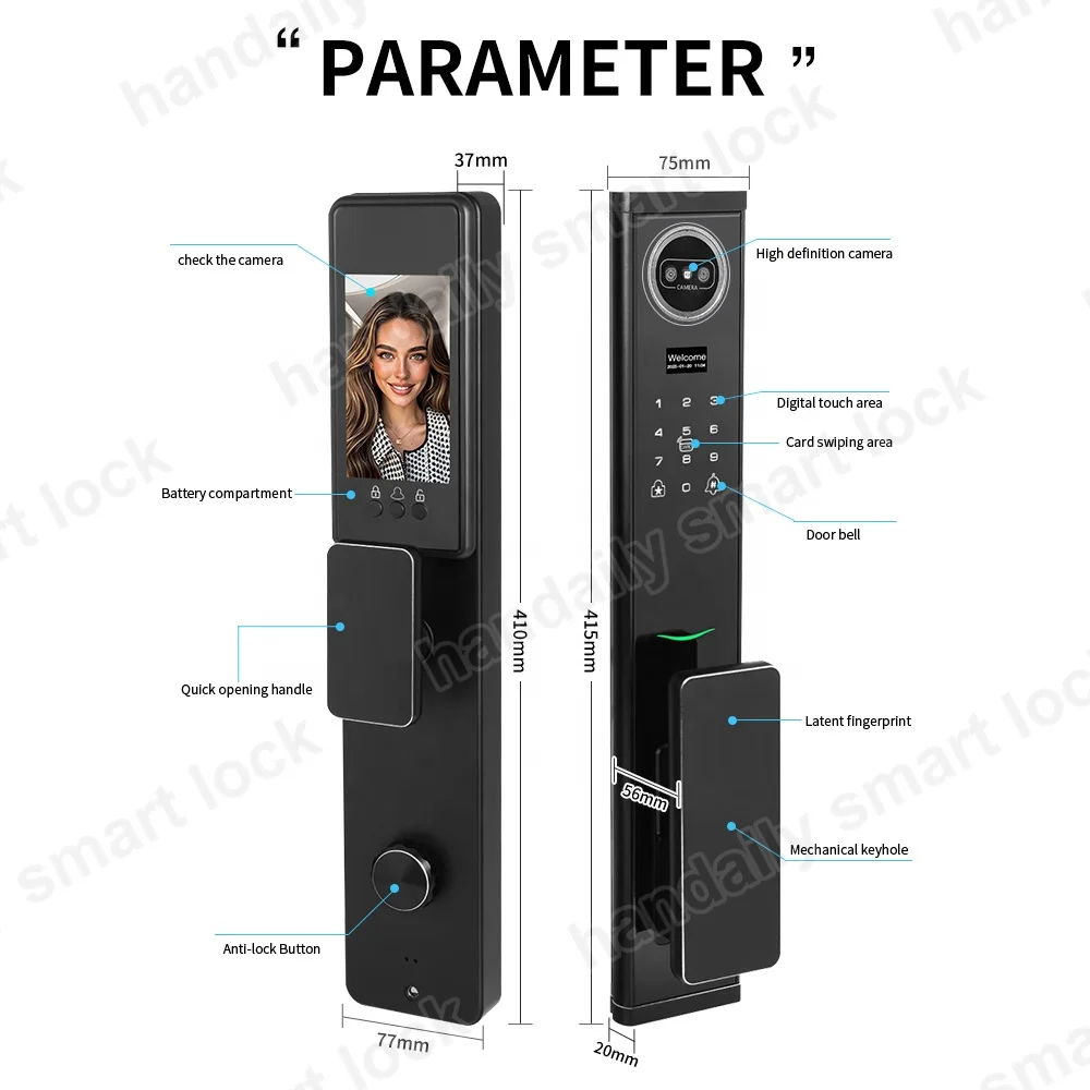 Pabrikang 3D Face Recognition na Tuya WIFI Smart Door Lock na may Camera at Fingerprint Video Intercom, Seguridad na Pinto na may Materyales na CNC L002 CNC