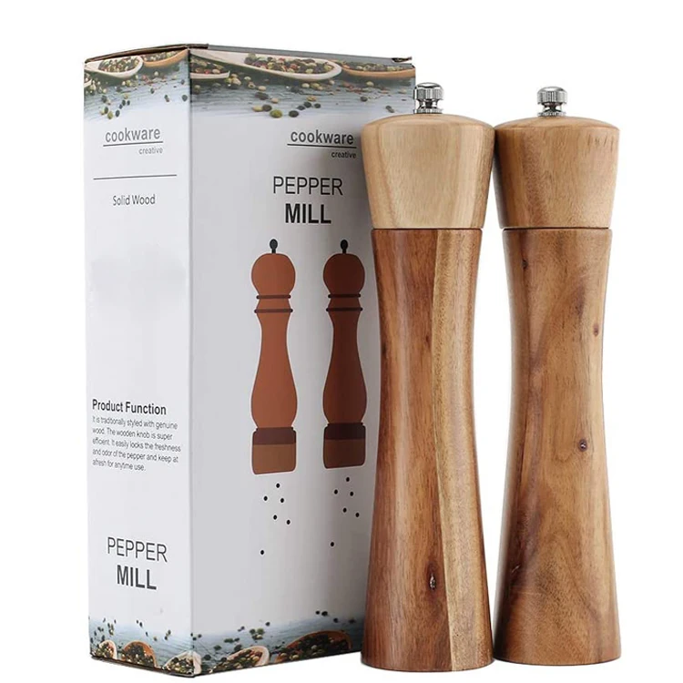 Creative Home Large Wooden Salt & Pepper Grinder Set - 12.4 Inch, Beech Wood, With Mini Scoop