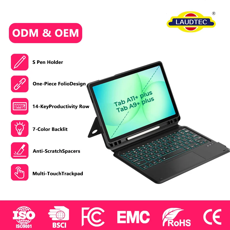 Custom One-Piece Folio Keyboard Case for Samsung Tab A9+/A11+ Plus, 7-Color Backlit & S Pen Holder Anti-Scratch Cover