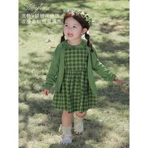 YOEHYAUL C2746 Girls Cotton Linen Summer Doll Collar Dress Wholesale Sleeveless Green Plaid Dress for Girls for Toddlers