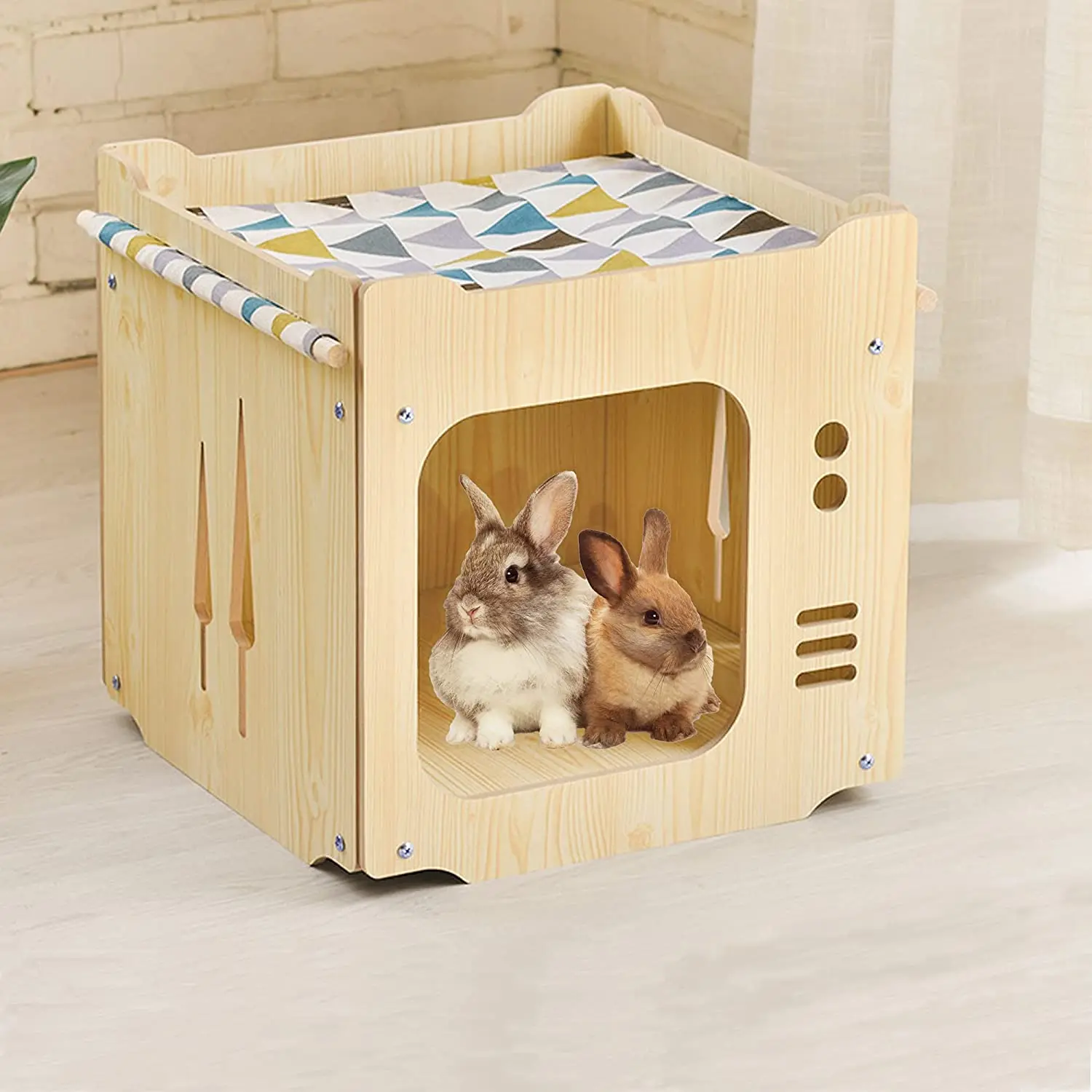 Wooden Cat House Rabbit Hideout with Hammock Stackable Collapsible Cat ...