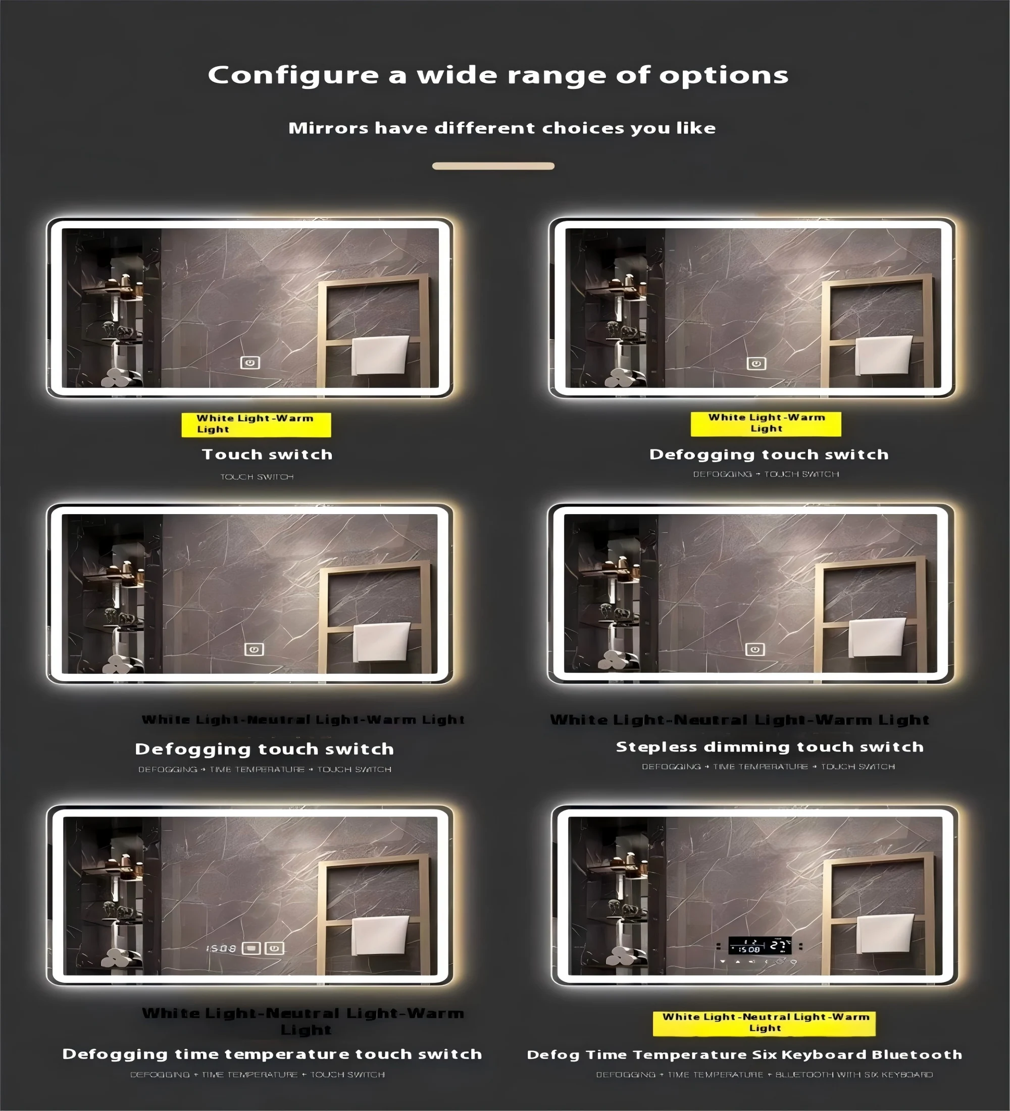 Modern LED smart bathroom mirror with touch controls