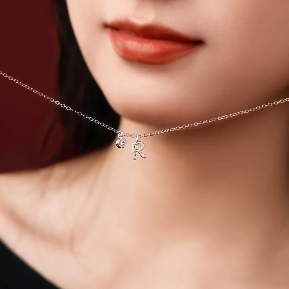 KAKODIY Dainty Initial Necklace Rhodium Plated 925 Sterling Silver 5A Zirconia Small -R- Monogram Pendant Necklace for Women detail 4