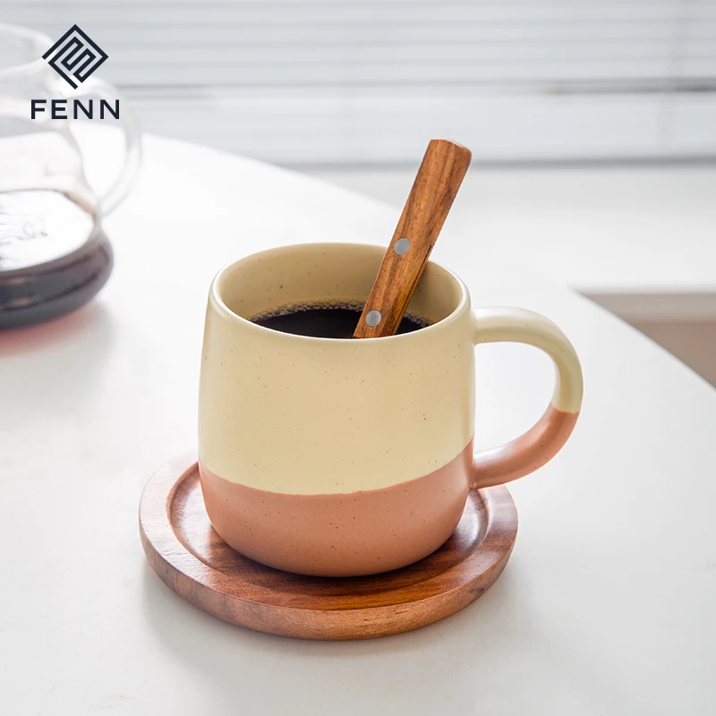 FENN Hot Sale Rustic Stoneware Latte Mug Tea Cup Speckled Glaze Double Brown Color Ceram Cafe Coffee Mugs With Wood Coaster