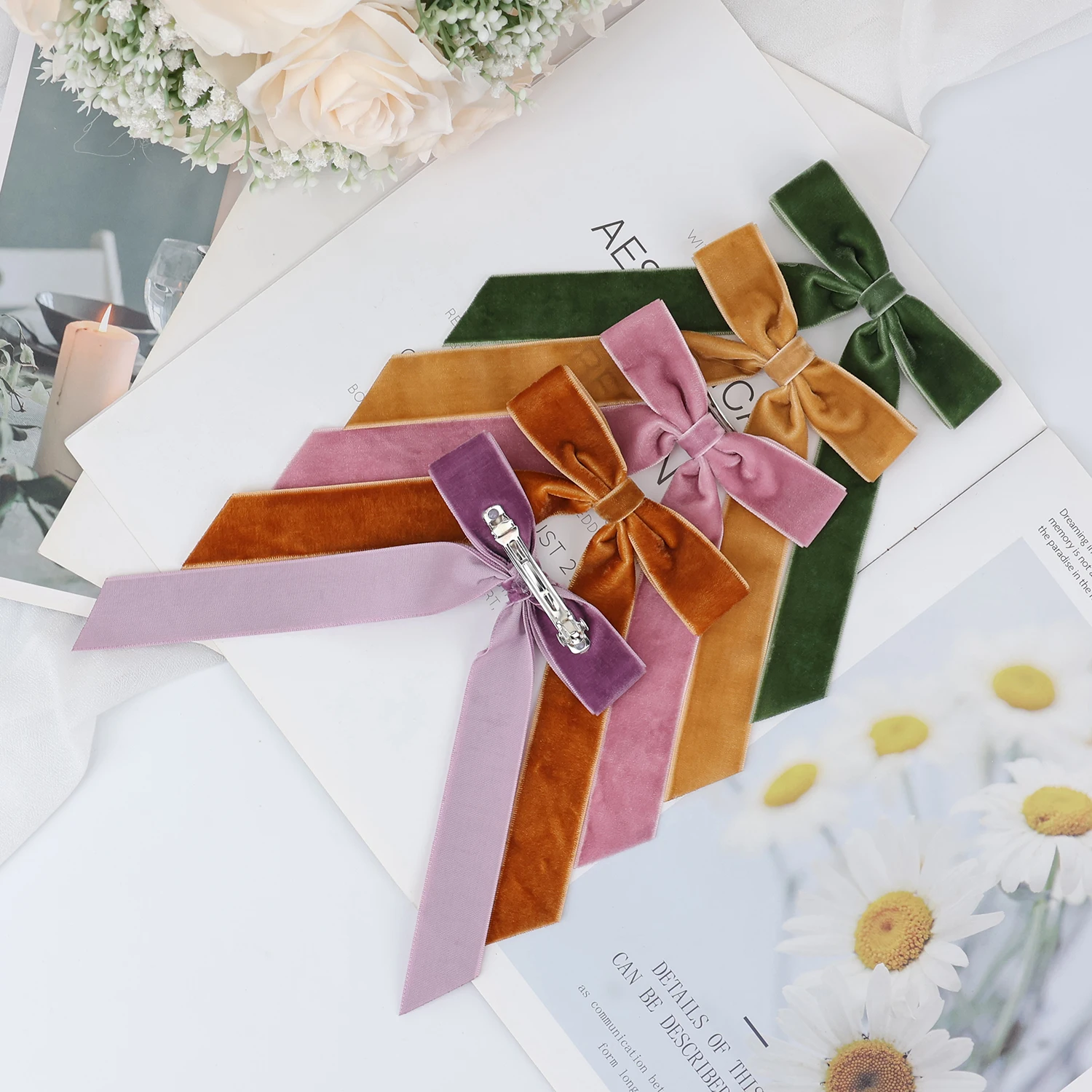 New Elegant Handmade Red Black Ribbon Ponytail Holder Accessories Metal Clips Velvet Hair Bows Barrettes for Women Girls