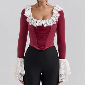 Lace Flare Long Sleeve Sexy Tops Women Fashion Square Collar Crop Tops Female Elegant Slim Fit Short T-shirt Tops