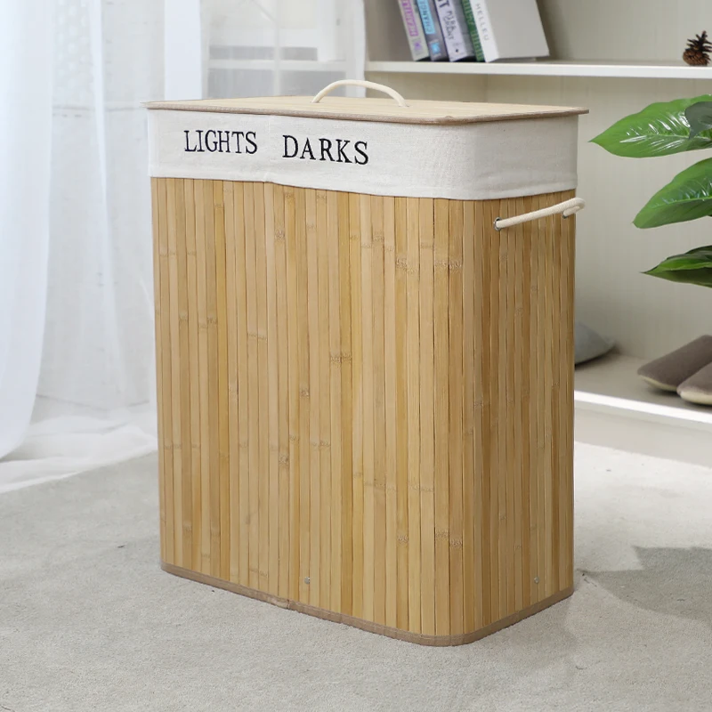 100L Extra Large 2 Section Folding Storage Solution Folding Bamboo Laundry Dirty Clothes Basket with Lid and Carry Handle