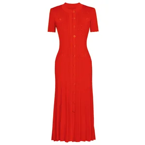 2025 New Fashion Knitted Round Neck Slim Summer Dress Short Sleeve Red Casual Elegant Dress