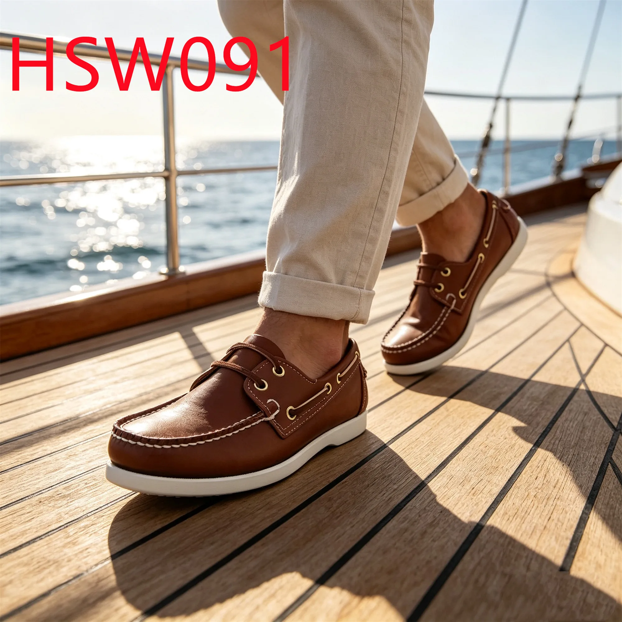 HY,City Exploration Lace-up Style Two Eyes Design Hua Singh Moccasin Shoes Low MOQ Brown Full Leather Handmade Boat Shoes HSW091