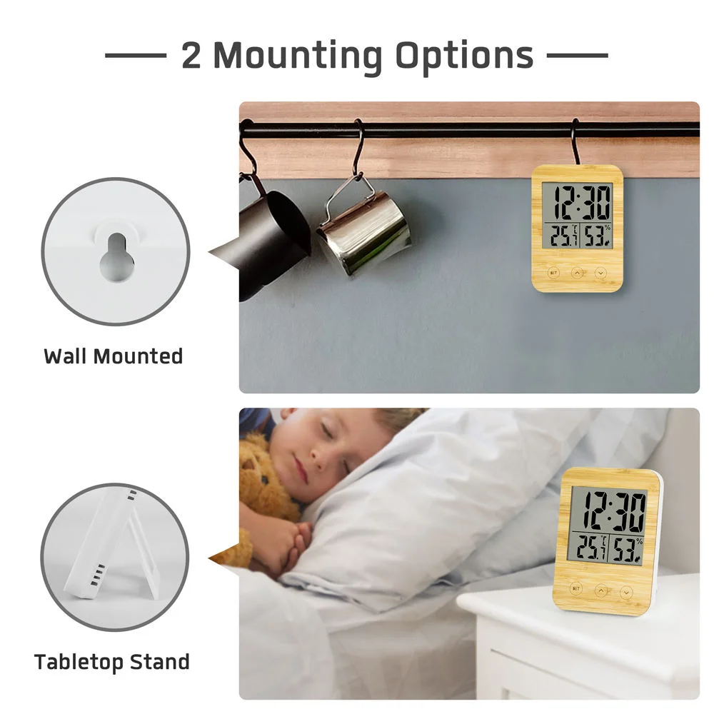 High Quality Bamboo Style Multi-function Table Thermometer Hygrometer Battery Bamboo Digital Alarm Clock