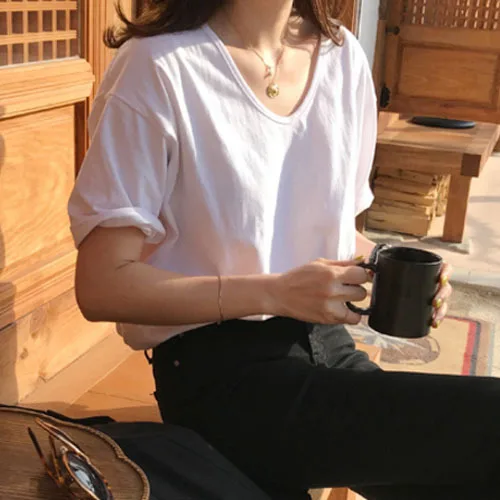 Fashion simple V-neck solid women Joker short sleeve T-shirts