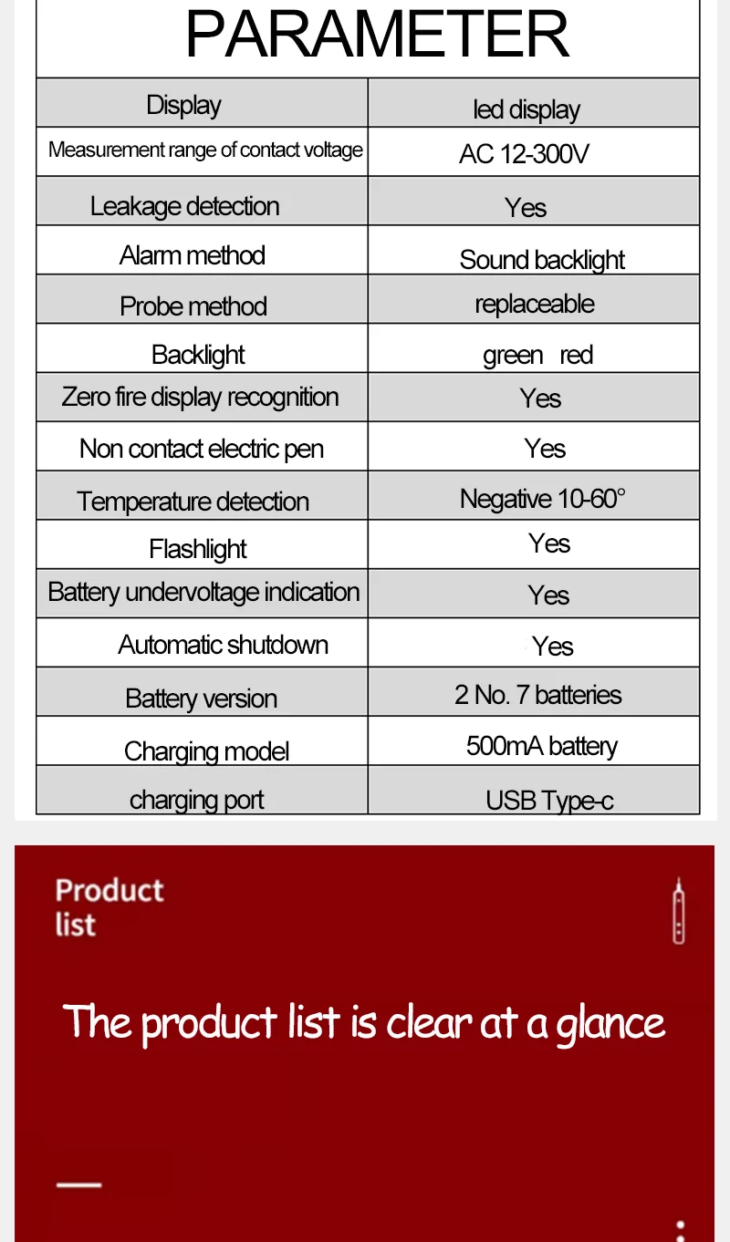 Smart Rechargeable AC 12-300V Non-Contact Voltage Tester Pen with 500mA Current Indicator and Backlight
