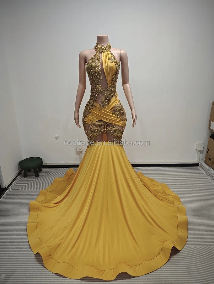 Ocstrade Bling V Need 3D Flower Applique Gold Rhinestone Dress Luxury  Mermaid Ball Gown Plus Size Long Prom Dresses Elegant 2025