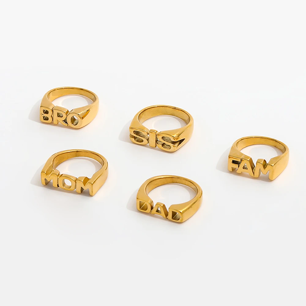 Trendy 18K Gold Plated MOM DAD SISTER Stamp Ring for Women