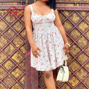 GX1191 Fashion Summer Casual Dresses Women Clothing Boutique Sleeveless Backless Printed Pleated Sexy Mini Dress