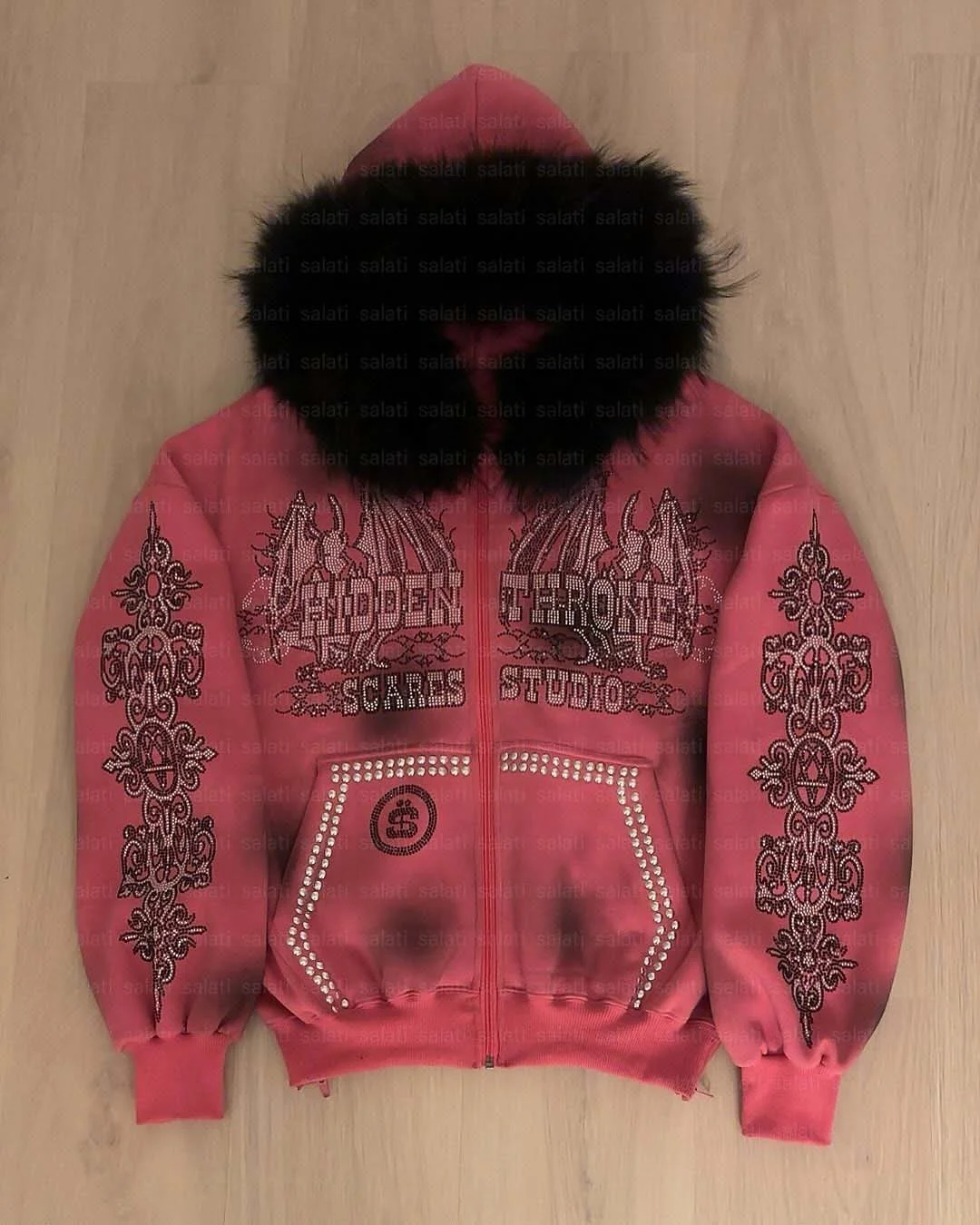 Salati Custom Cotton Stud Rivet Diamond Detachable Faux Fur Faded Effect Dirty Wash Zip up Rhinestone Unisex Men Hoodie With Fur gallery 9