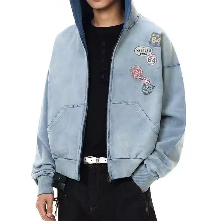 OEM Customized Vintage Snow Wash Zipper Hoodie American Trend Retro High Quality Letter Print Casual Loose Fit Zipper Hoodie gallery 4