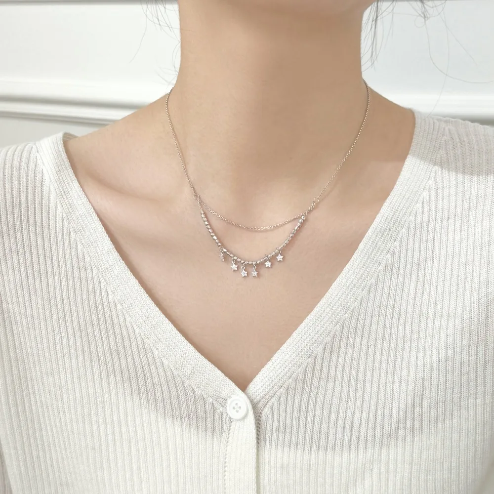 KAKODIY new pendant necklace double-layer chain buckle 5A zirconia tassel multi-star pendant women's necklace detail 4