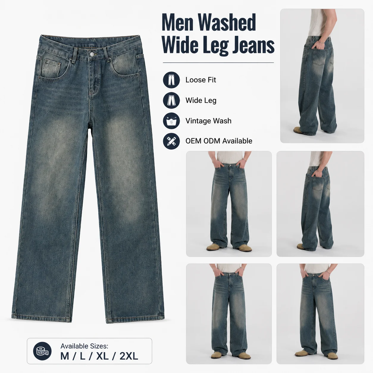 Vintage Washed Mid Waist Straight-Leg Denim Jeans Men Summer Loose Fit Distressed Long Pants Korean Commuter Style