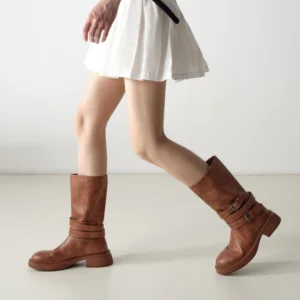 Women's Vintage Mid-Calf Western Cowboy Boots Leather Belt Buckle & Concho Detail Casual Party Wear Slip-On Closure Winter Style