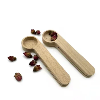 Wood Coffee Scoop with Bag Clip Measuring Tea Coffee Bean Clip Gift Beech Wood Eco-friendly Measuring Coffee Beans Scoop