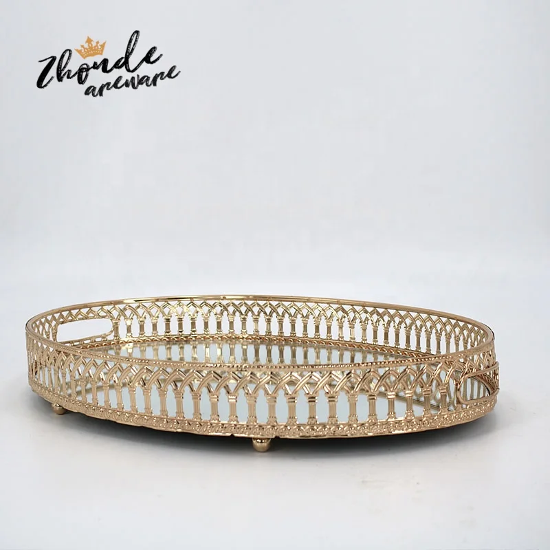 Wholesale Coffee Serving Glass Mirror Tray For Perfumes Tea Gold Metal Tray