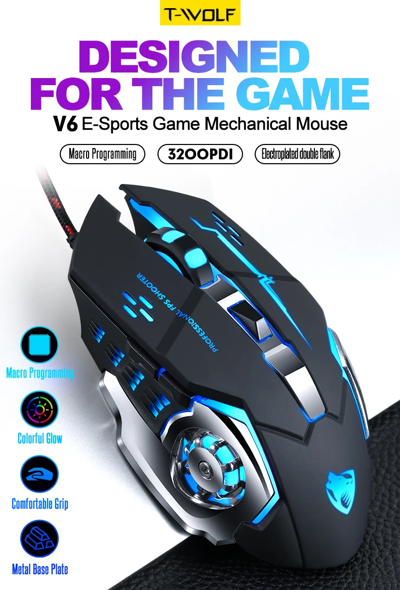 V6 Wired Gaming Mouse with Macro Programming, 3200 DPI and RGB Backlit ...