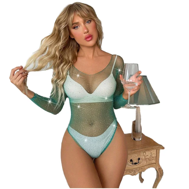 Hot Selling Women's Sexy Fishnet Teddy Bodysuit Mint with Rhinestone Studded Wholesale Supply without Liner