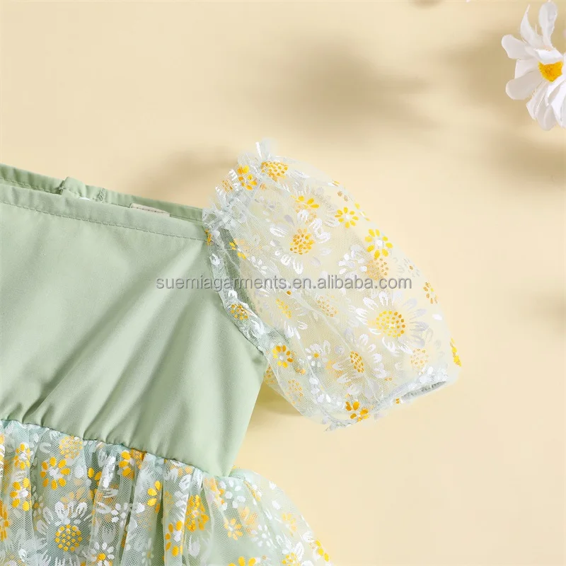 Infant Romper Sunflowers Print Short Puff Sleeve Lace Mesh 3 Colors