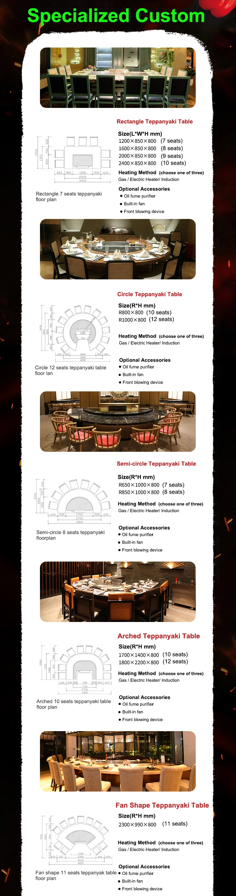 Commercial Fan Shape Teppanyaki Grill Table with 220-240 V 380 V 8000w Power for Restaurant & Hotel