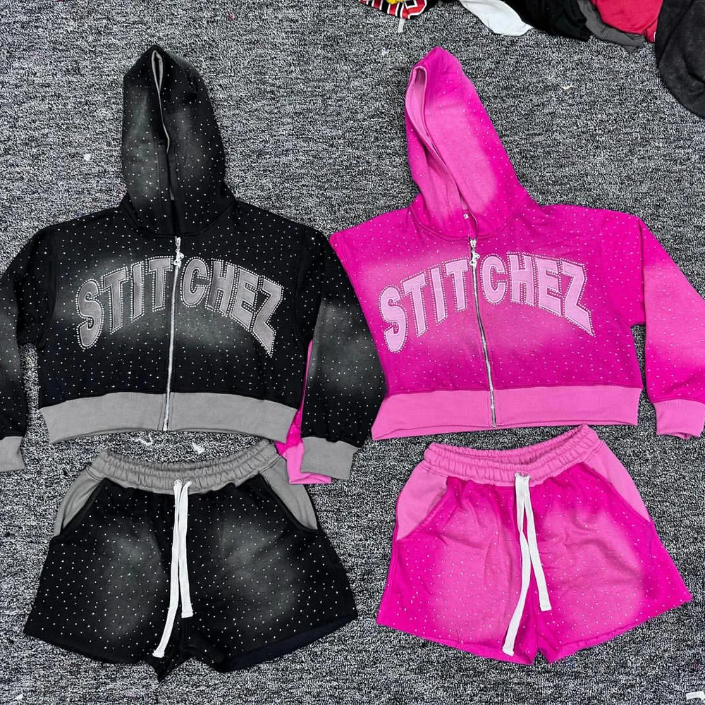 DCY Women Cropped Zip Hoodie Biker Shorts Set Sparkle Hoodie Stitch Faded Hoodie