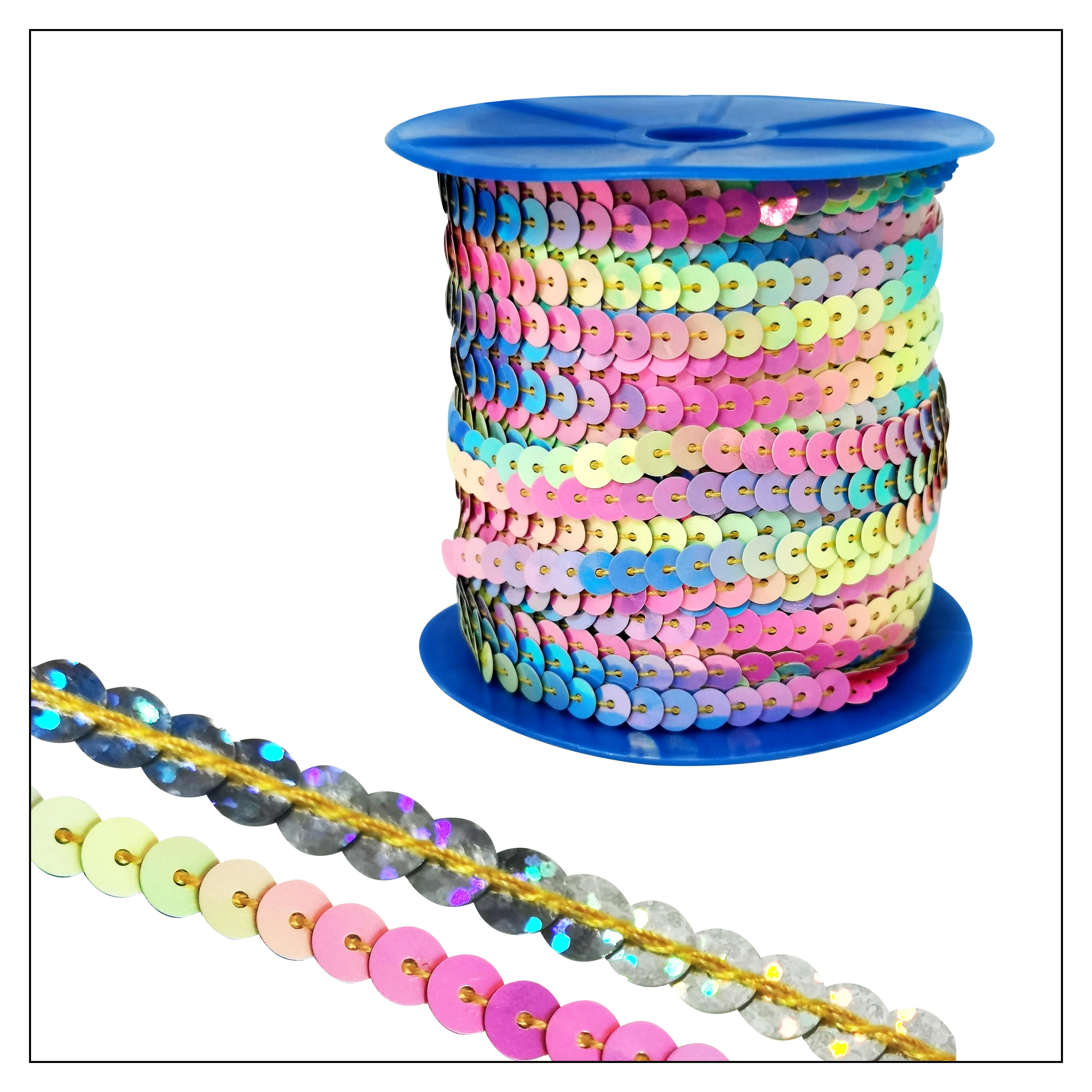 6mm Flat Iridescent Sequins Round String Line Shiny PET Spangle Sequins Tape for Stage Garment
