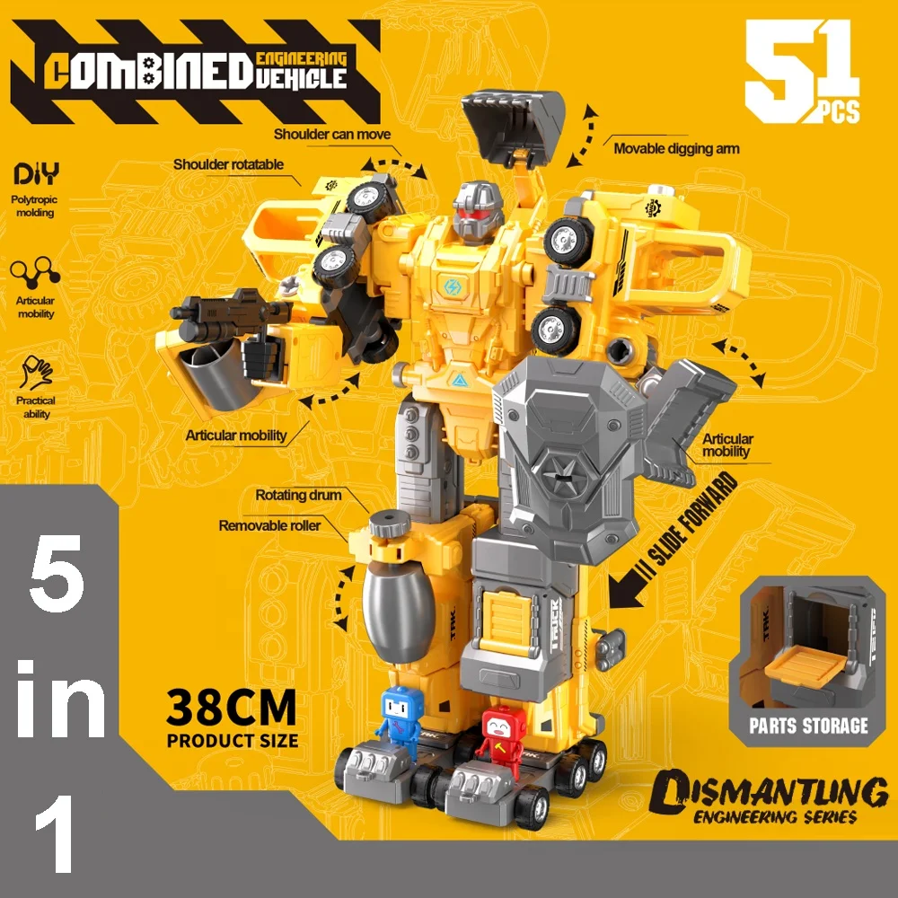 5 in 1 Assemble Deformation Construction Vehicle STEM Kit 38cm Large Size Transform Robot Toy for Kids with Storage Box Packing