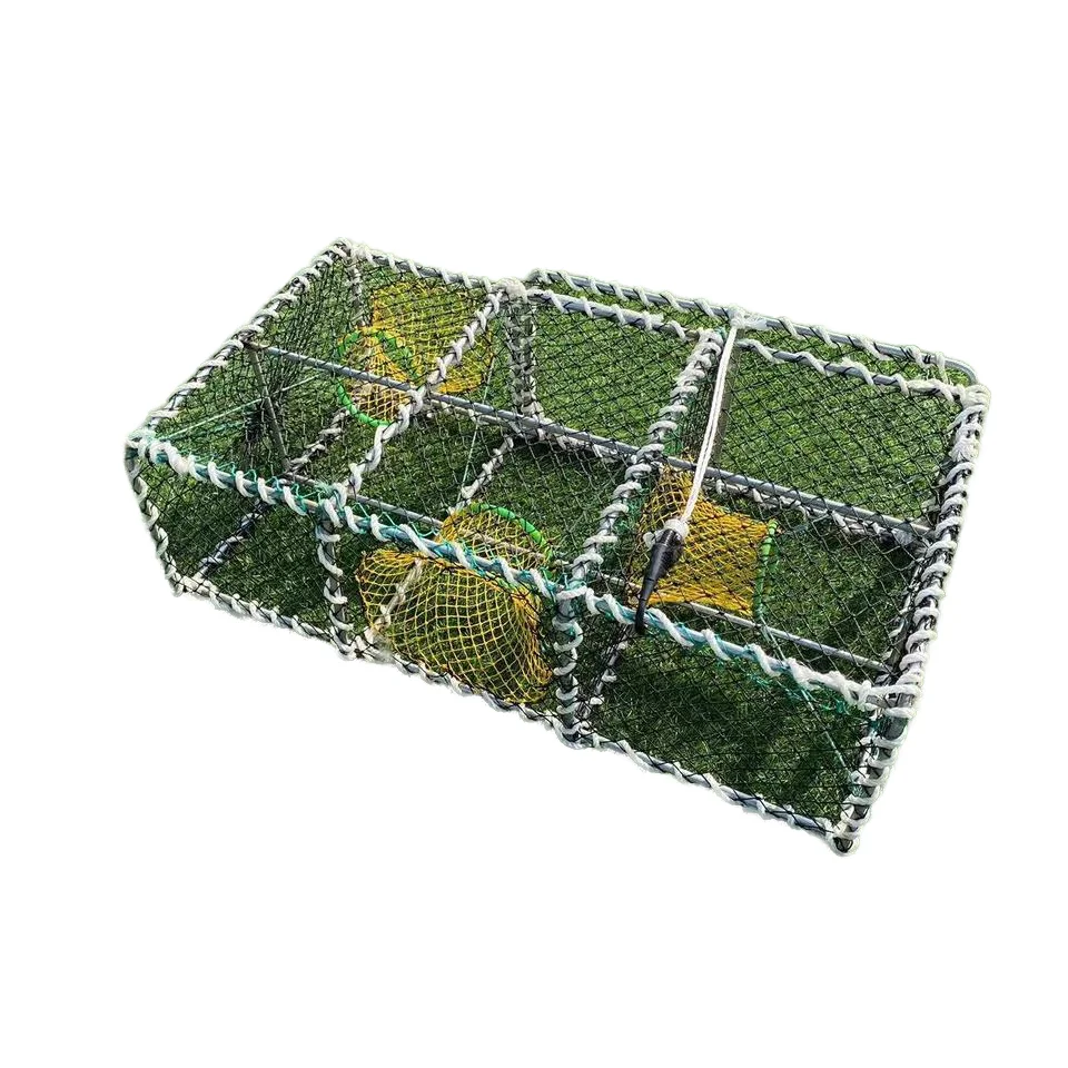 HDPE Aquaculture Trap Cage Square Ocean Crab Pot Plastic Fish Bait Net Metal Coating Frame Shrimp Fishing Lobster Fishers Ocean