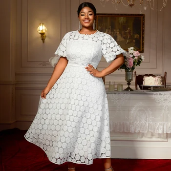 AM050348 Summer Puff Sleeves a Line Plus Size Maxi White Lace Casual Dresses Women