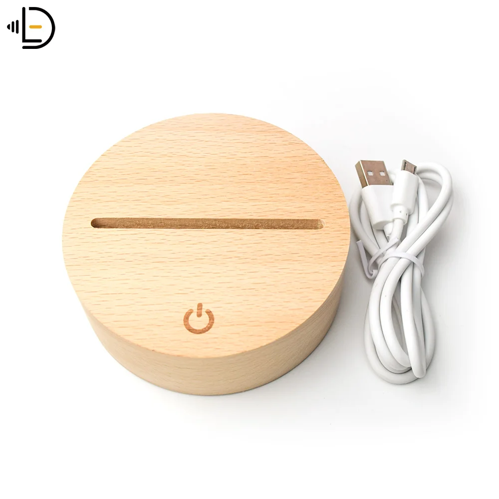 7 Color Changing RGB Round Wood Lamp Base for 3D Acrylic Visual LED Night Light USB AAA Battery Power