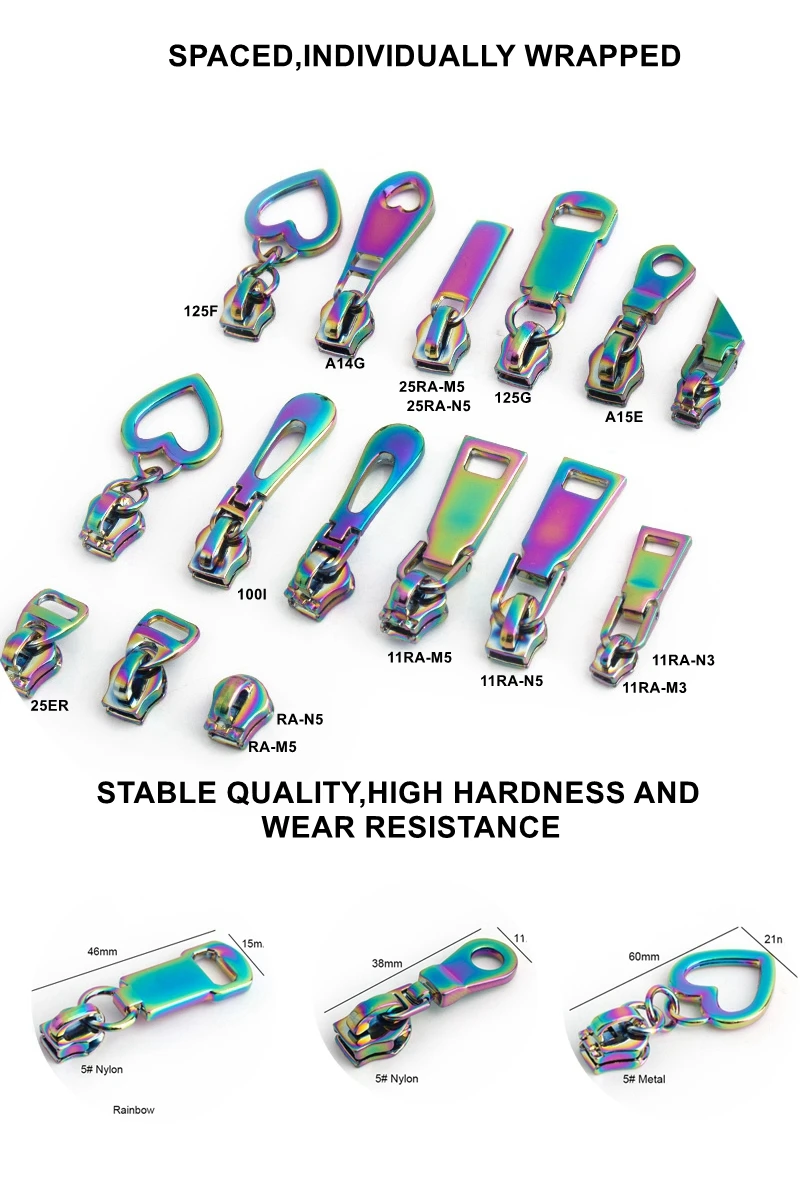 Custom 3m 5 Logo Engraved Rainbow Gold Nylon Metal Slider Zipper