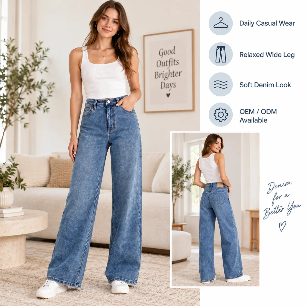 Women's High Waist Wide Leg Jeans Medium Wash Denim Pants With Straight Loose Fit Casual Baggy Trousers