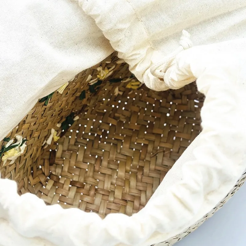 New Women’s Embroidered Floral Handmade Straw Woven String Closure Shoulder Beach Bag Two Straps Middle Size Summer 2025