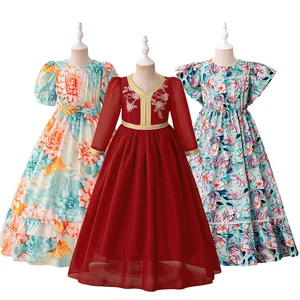 MQATZ Floral Satin Dress Girls Printed Appliques Formal Muslim Eid Style Summer Wear for Children Parties
