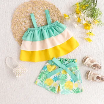 2024 Summer new girls' suit Sling Top Tropical plant printed shorts two-piece set