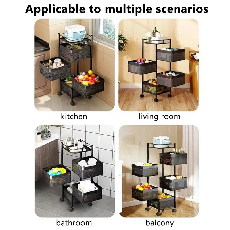 Household Storage Helper Square Rotating Rack 2-5 Layers Kitchen Vegetable Storage Cart Utility Carbon Steel Paint Trolley