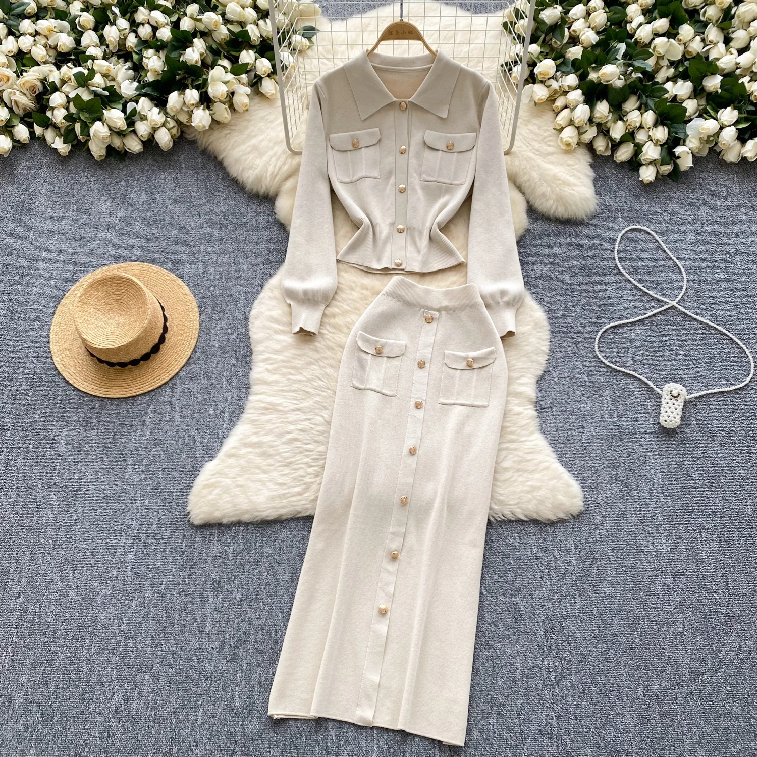 Fashion Sweater Set Women Loose Inside Long Sleeve Knitted Dress Plaid Cape  Cape Coat
