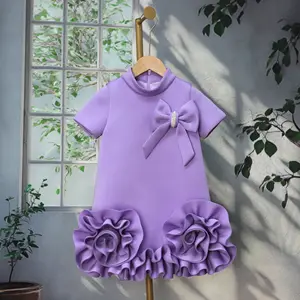 NEW Luxury Kids Princess A-Line Summer Dress Baby Girl Pink Purple Short Sleeve Casual Big 3D Floral Hem Eco-Friendly Breathable