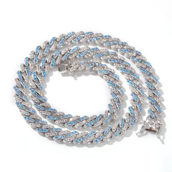 Customized Rhodium Plated Iced Out 3A CZ Crystal Blue Zircon Micro Pave Copper Brass Cuban Link Chain Necklace for Men and Women