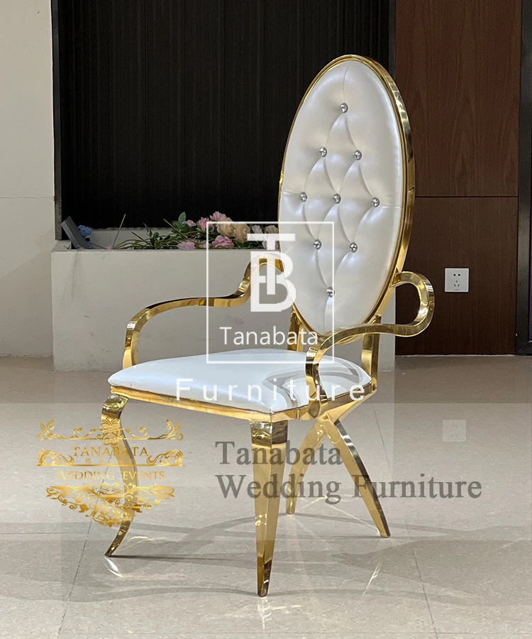 Classic Royal High Back Golden Legs White Leather Dining Chair Wedding