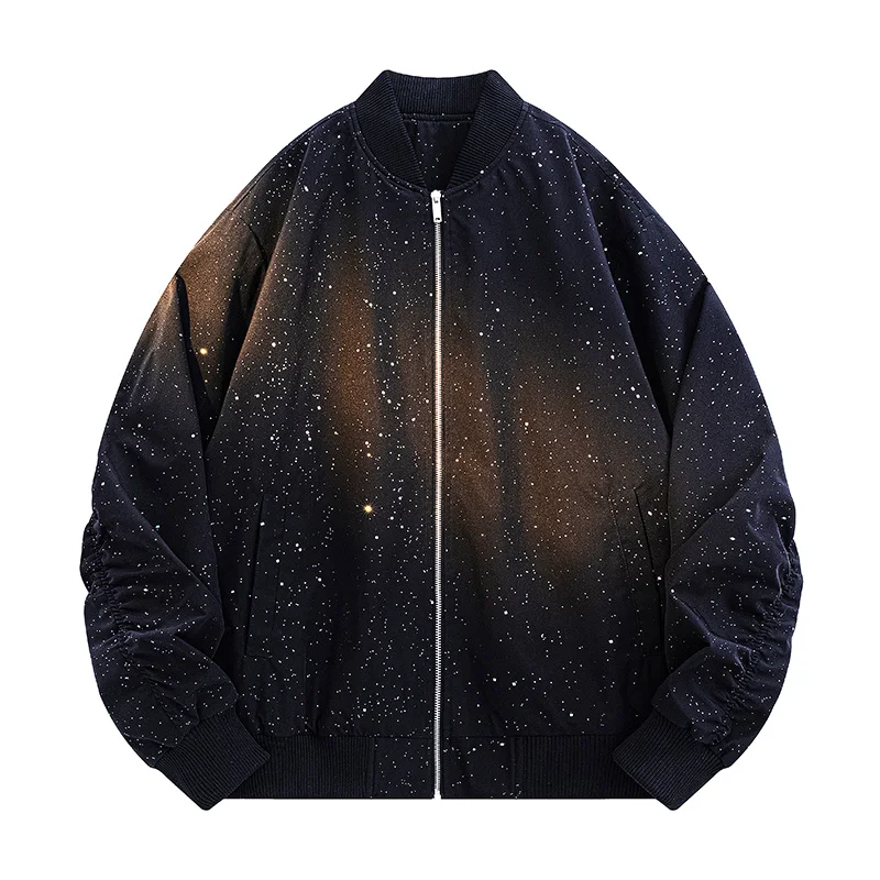 Stylish starry sky print bomber jacket, loose fit, everyday wear, trench coat, casual men's outerwear