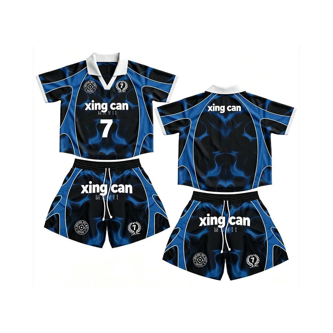 Brugerdefineret herret-shirt i vintage streetwear-stil med syning, kort ærme + shorts-set, tilpasselig med tryk/udstikning