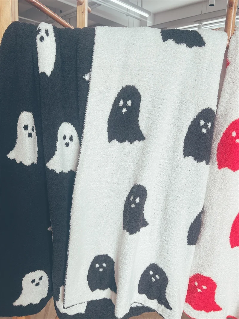 New 100% super cozy polyester feather yarn Ghost knitted throw blanket for Halloween details