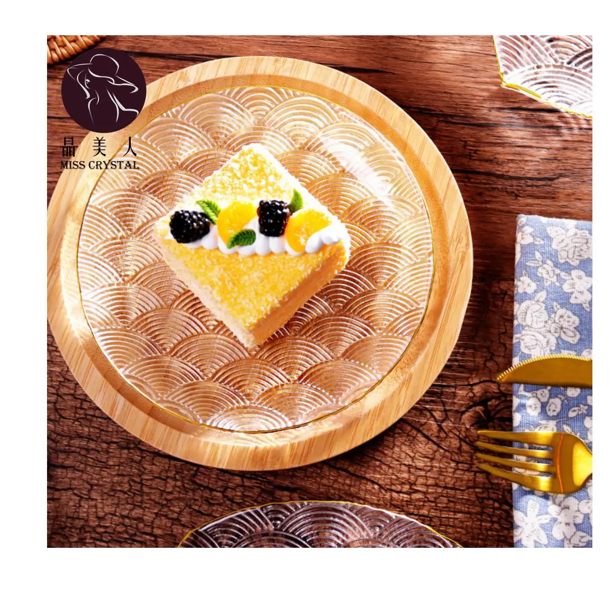 Classical Style Colourful Glass Round Plate with Gold Rim Glass Square Shape Plate for Party